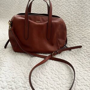 Fossil Brown Leather Satchel with Structured Design